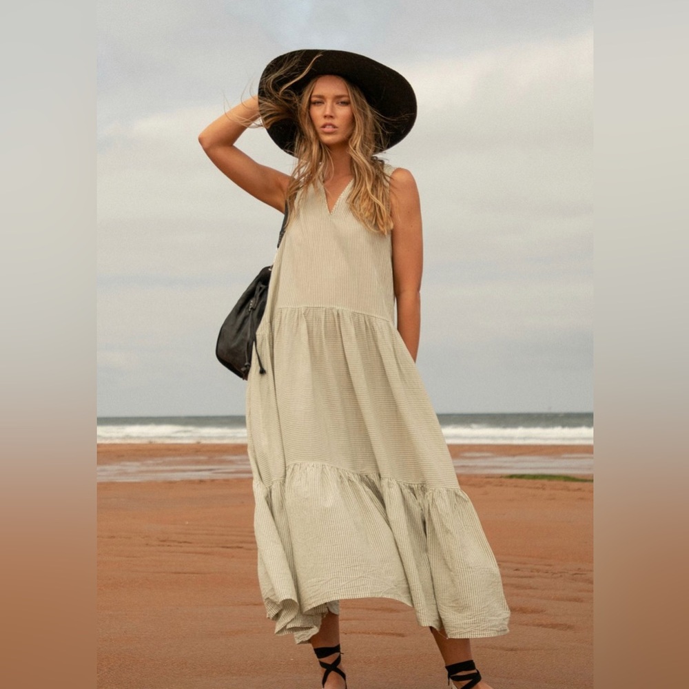 NWT Devotion Twins Napoli Striped Hooded Maxi Dress - Green / Cream - Small